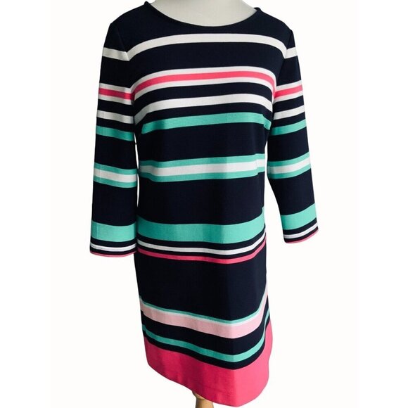 Crown & Ivy Womens Quarter Sleeve Back Zip Striped Navy Knee Length Dress Medium - Picture 1 of 9